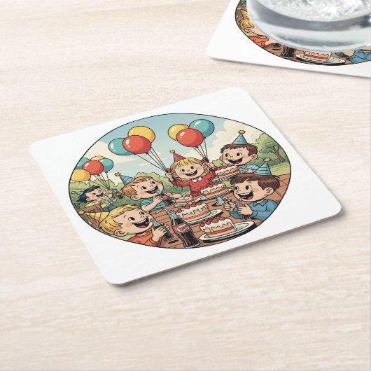 Kids Enjoying their Cakes, Sodas and Balloons Kartonnen Onderzetters (Schuin)