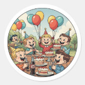 Kids Enjoying their Cakes, Sodas and Balloons Ronde Sticker (Voorkant)