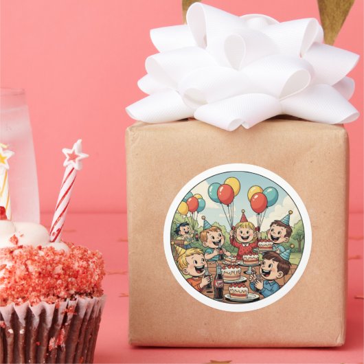 Kids Enjoying their Cakes, Sodas and Balloons Ronde Sticker (Feest)