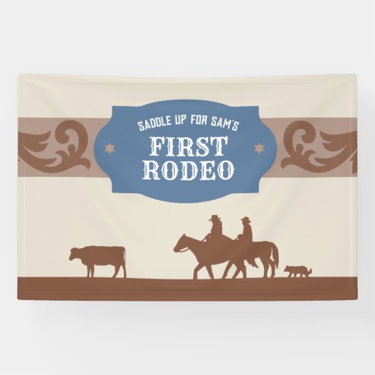 Kids FIrst Rodeo Blauw/Bruin Western Verjaardagsfe Spandoek (Horizontaal)