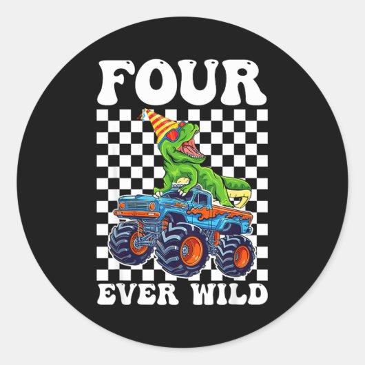 Kids Four Ever Wild Dinosaur Monster Truck 4th Bir Ronde Sticker (Voorkant)