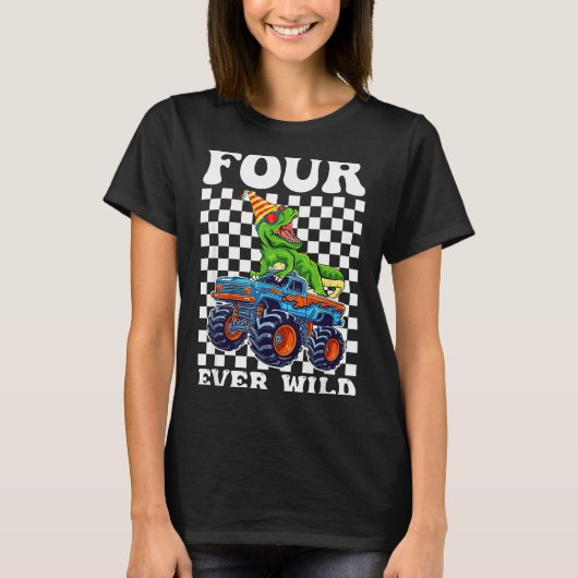Kids Four Ever Wild Dinosaur Monster Truck 4th Bir T-shirt (Voorkant)