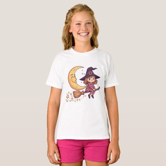 Kids Halloween Little Witch Moon T-Shirt (Voorkant volledig)