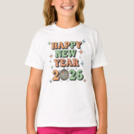 Kids Happy New Year 2026 Retro 70s Pastel T-Shirt