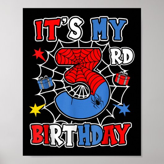 Kids Its My 3rd Birthday Spider Theme Party 3 Year Poster (Voorkant)