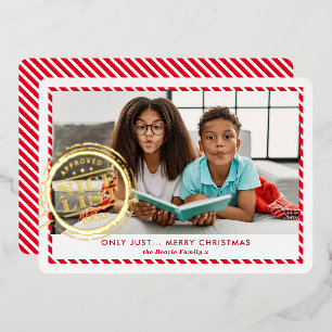 KIDS KERSTFOTO leuk Nice List stempel rood goud Folie Feestdagenkaart