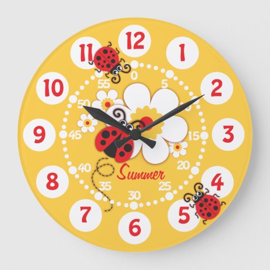 Kids ladybug & flower cute yellow girls wall clock grote klok (Voorkant)