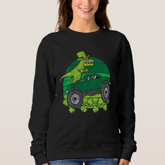 Kids Leprechaun Dino Monster Truck St Patricks Day Trui (Voorkant)