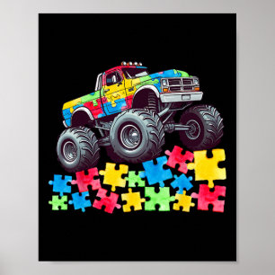 Kids Monster Truck rijdt over puzzels Autisme bewu Poster