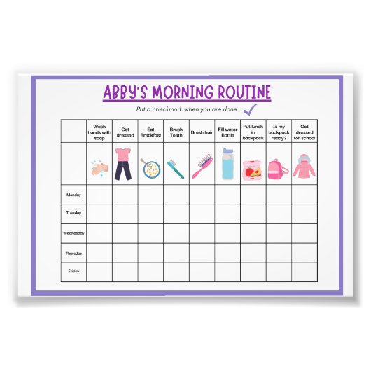 Kids Morning Routine Checklist with Cute Icons Foto Afdruk (Voorkant)