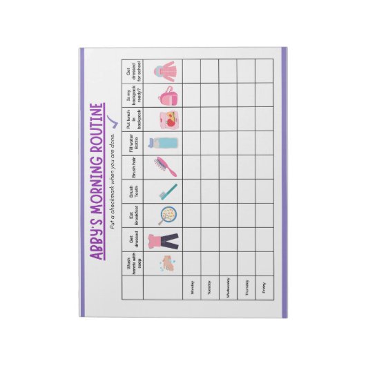 Kids Morning Routine Checklist with Cute Icons Notitieblok (Linkerzijde)