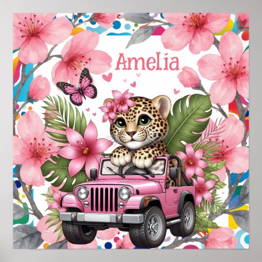 Kids Name & Floral Baby Jungle Animals Nursery Poster (Voorkant)