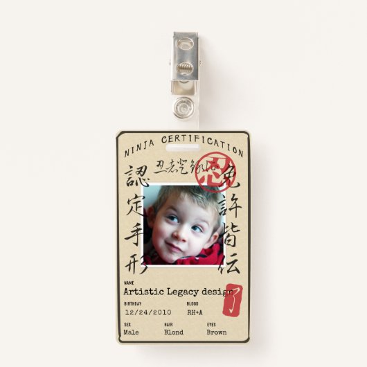 Kids Ninja ID (Customize image & text!) Badge (Voorkant met clip)