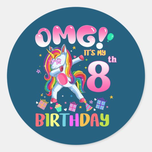 Kids OMG It's My 8th Birthday Girls Dabbing Ronde Sticker (Voorkant)