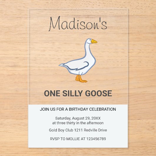 Kids One Silly Goose First Birthday Acryl Uitnodigingen (Voorkant)