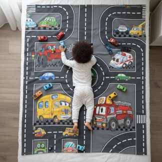 Kids Photo Road Map Cute Cartoon Vehicles Street Fleece Deken