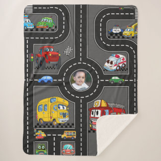 Kids Photo Road Map Cute Cartoon Vehicles Street Sherpa Deken