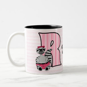 Kids Pink Raccoon Monogram Letter R with Name Tweekleurige Koffiemok