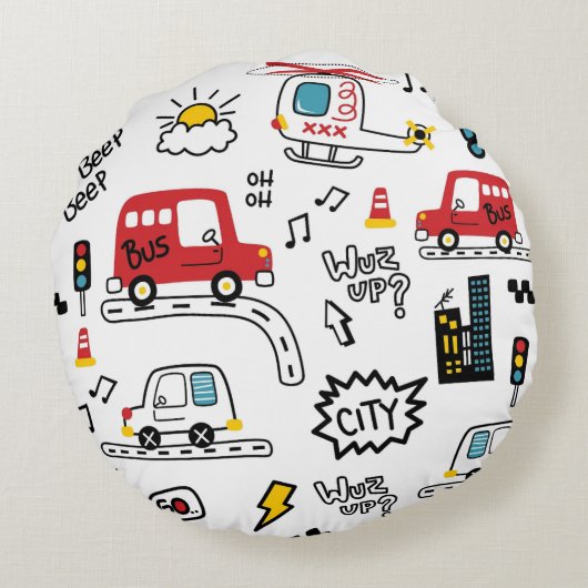Kids Playful Transport Pattern  Rond Kussen (Achterkant)