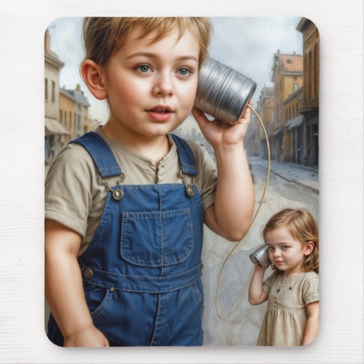 Kids Playing With Retro Tin Can Telephone Muismat (Voorkant)