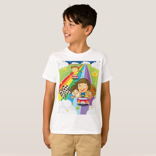 Kids Racing On A Rainbow T-Shirt (Voorkant volledig)