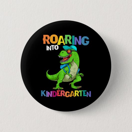 Kids Roaring Into Kindergarten Dinosaur T Rex Back Ronde Button 5,7 Cm (Voorkant)