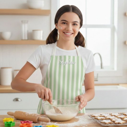 Kids' Sage Green Stripe Custom Name Apron Schort