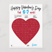 Kids Six Seven Valentine Word Search Heart Class Feestdagenkaart (Voorkant)