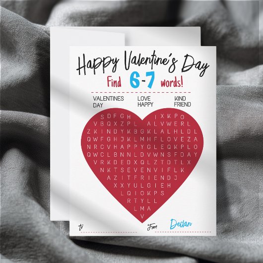 Kids Six Seven Valentine Word Search Heart Class Notitiekaartje