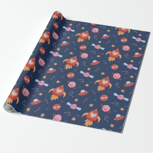 Kids Space Pattern with Rockets & Planets Cadeaupapier (Uitgerold)