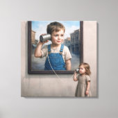 Kids Talking On a Retro Tin Can Telephone Canvas Afdruk (Voorkant)