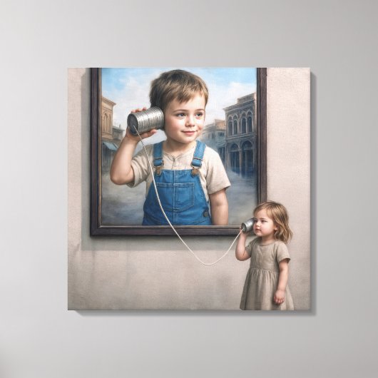 Kids Talking On a Retro Tin Can Telephone Canvas Afdruk (Voorkant)