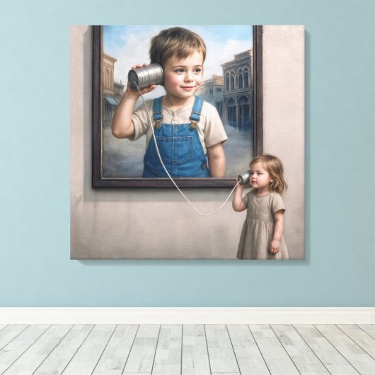 Kids Talking On a Retro Tin Can Telephone Canvas Afdruk (Insitu (Houten vloer))