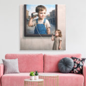 Kids Talking On a Retro Tin Can Telephone Canvas Afdruk (Insitu (Woonkamer))