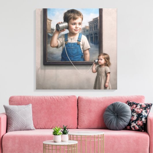 Kids Talking On a Retro Tin Can Telephone Canvas Afdruk (Insitu (Woonkamer))