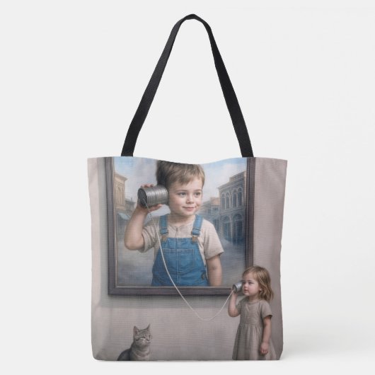 Kids Talking On a Retro Tin Can Telephone Tote Bag (Achterkant)