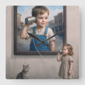Kids Talking On a Retro Tin Can Telephone Vierkante Klok (Voorkant)