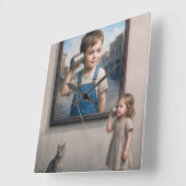 Kids Talking On a Retro Tin Can Telephone Vierkante Klok (Hoek)