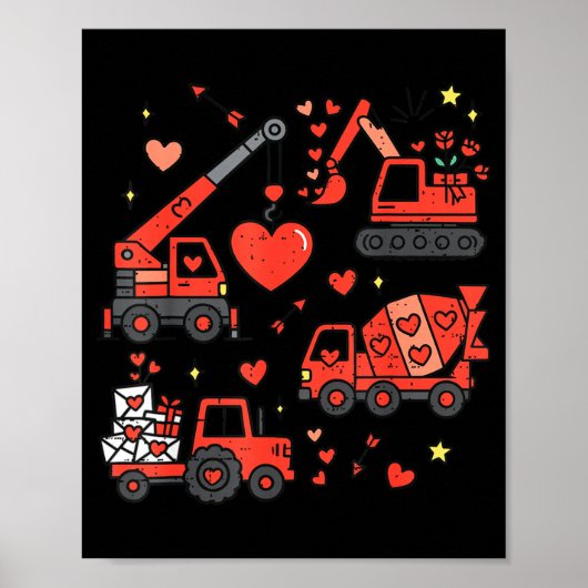Kids Valentines Day Construction Trucks Funny Boys Poster (Voorkant)