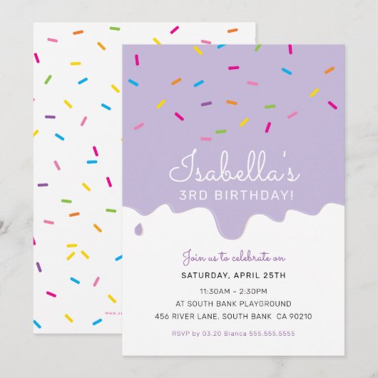 KIDS VERJAARDAG PARTY cake druppels strooit paarse Kaart (Voorkant / Achterkant)