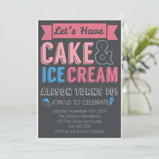 Kids Verjaardag Party Cake Ice Cream Uitnodiging (Staand voorkant)