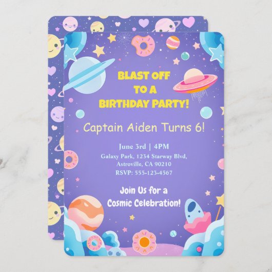 Kids Verjaardag Uitnodiging Kaart Space Theme (Voorkant / Achterkant)