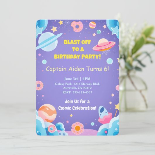 Kids Verjaardag Uitnodiging Kaart Space Theme (Staand voorkant)