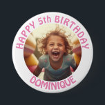 Kids Verjaardagsfoto Button met naam en leeftijd<br><div class="desc">foto,  naam en leeftijd Happy Birthday knop voor kinderen. Wit Lijst en roze tekst.</div>