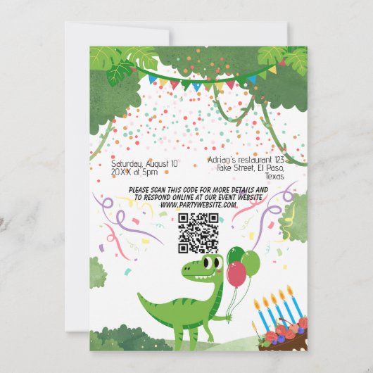 Kids verjaardagsuitnodiging: Dino Safari, QR-code Kaart (Achterkant)