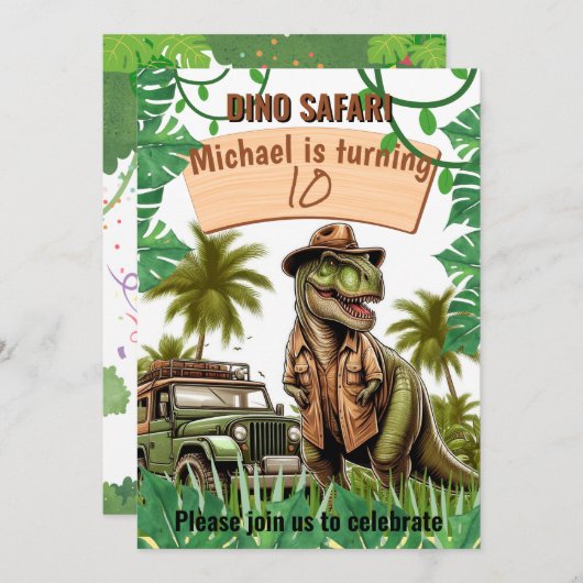 Kids verjaardagsuitnodiging: Dino Safari, QR-code Kaart (Voorkant / Achterkant)