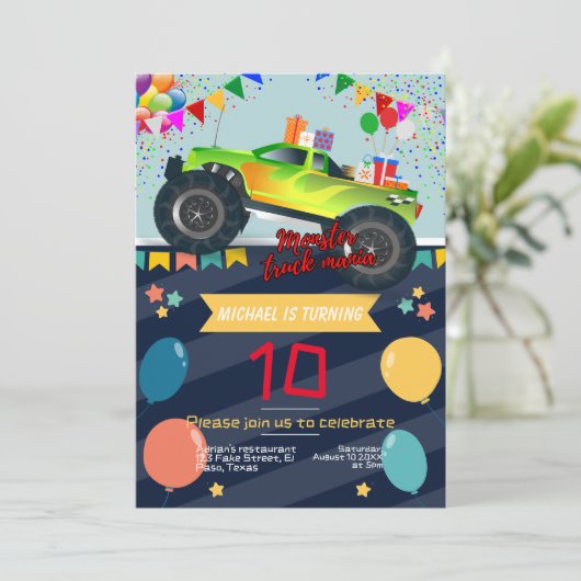 Kids verjaardagsuitnodiging: Monster truck manie,  Kaart