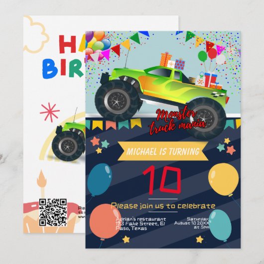 Kids verjaardagsuitnodiging: Monster truck manie,  Kaart (Voorkant / Achterkant)