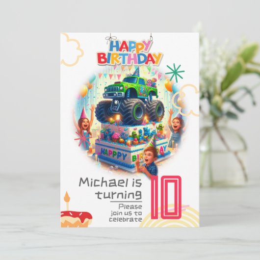 Kids verjaardagsuitnodiging: Monster truck, QR Kaart (Staand voorkant)