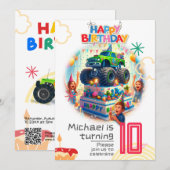 Kids verjaardagsuitnodiging: Monster truck, QR Kaart (Voorkant / Achterkant)